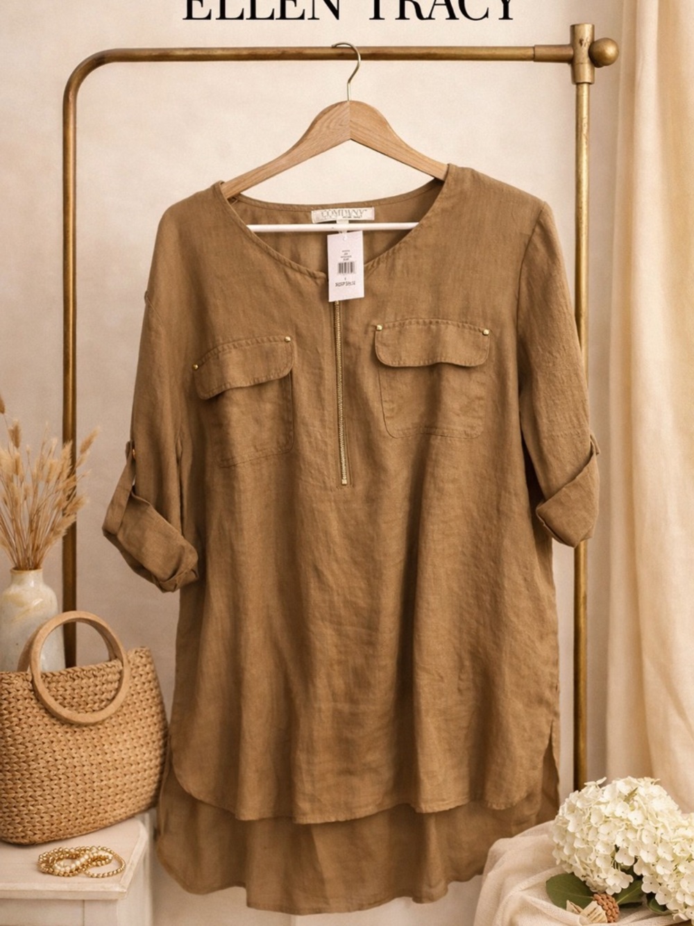 Ellen Tracy Olive-Tan Roll-Tab Tunic with Zip Placket